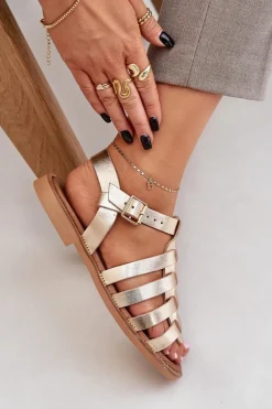 Skórzane Sandały Na Płaskim Obcasie Zazoo 3686 Złote