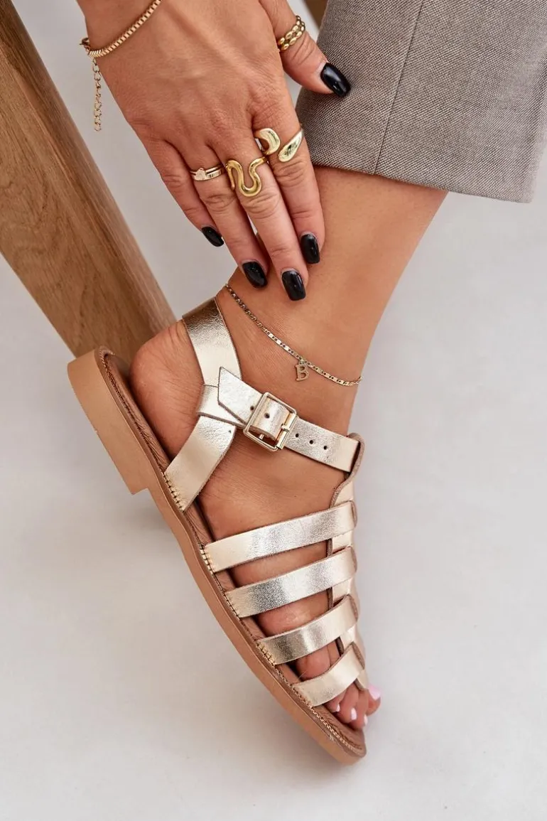 Skórzane Sandały Na Płaskim Obcasie Zazoo 3686 Złote