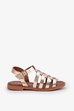 Skórzane Sandały Na Płaskim Obcasie Zazoo 3686 Złote