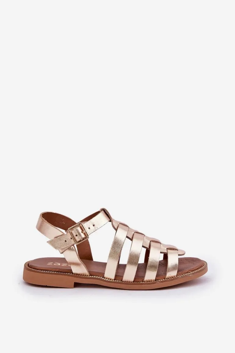 Skórzane Sandały Na Płaskim Obcasie Zazoo 3686 Złote