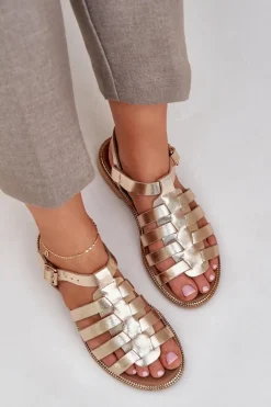 Skórzane Sandały Na Płaskim Obcasie Zazoo 3686 Złote