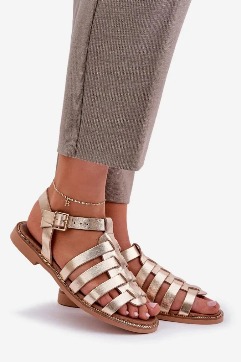 Skórzane Sandały Na Płaskim Obcasie Zazoo 3686 Złote