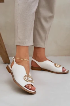 Skórzane Sandały Na Płaskim Obcasie Z Ozdobą Laura Messi 2865 Jasnobeżowe