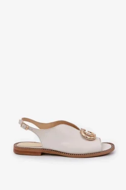 Skórzane Sandały Na Płaskim Obcasie Z Ozdobą Laura Messi 2865 Jasnobeżowe