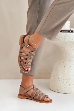 Skórzane Sandały Na Płaskim Obcasie Zazoo 3686 Ciemnobeżowe