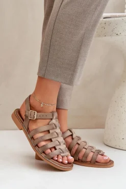 Skórzane Sandały Na Płaskim Obcasie Zazoo 3686 Ciemnobeżowe