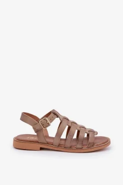 Skórzane Sandały Na Płaskim Obcasie Zazoo 3686 Ciemnobeżowe