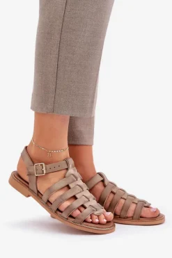 Skórzane Sandały Na Płaskim Obcasie Zazoo 3686 Ciemnobeżowe