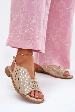 Skórzane Sandały Na Płaskim Obcasie Z Ozdobą S.Barski KV51-094 Złote