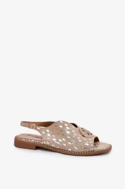 Skórzane Sandały Na Płaskim Obcasie Z Ozdobą S.Barski KV51-094 Złote