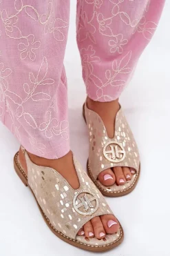 Skórzane Sandały Na Płaskim Obcasie Z Ozdobą S.Barski KV51-094 Złote