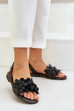 Skórzane Sandały Na Płaskim Obcasie Zazoo 40425 Czarne