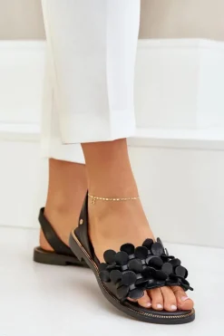 Skórzane Sandały Na Płaskim Obcasie Zazoo 40425 Czarne