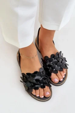 Skórzane Sandały Na Płaskim Obcasie Zazoo 40425 Czarne