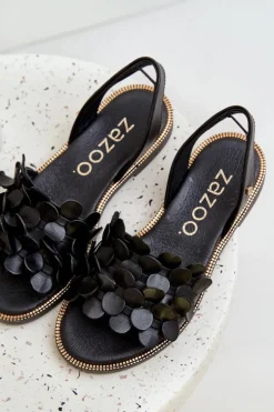 Skórzane Sandały Na Płaskim Obcasie Zazoo 40425 Czarne