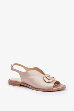 Skórzane Sandały Na Płaskim Obcasie Z Ozdobą Laura Messi 2865 Złote