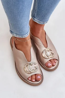 Skórzane Sandały Na Płaskim Obcasie Z Ozdobą Laura Messi 2865 Złote