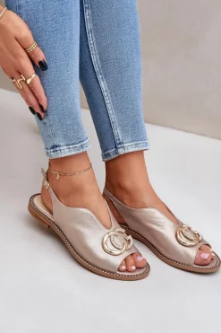 Skórzane Sandały Na Płaskim Obcasie Z Ozdobą Laura Messi 2865 Złote