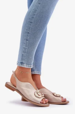 Skórzane Sandały Na Płaskim Obcasie Z Ozdobą Laura Messi 2865 Złote