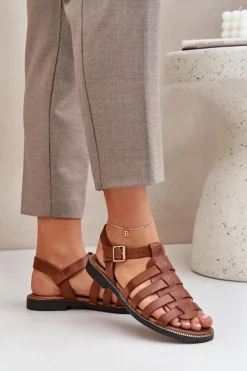 Skórzane Sandały Na Płaskim Obcasie Zazoo 3686 Camel