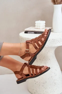 Skórzane Sandały Na Płaskim Obcasie Zazoo 3686 Camel