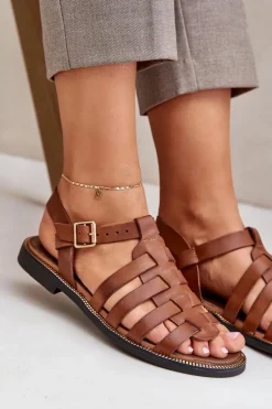 Skórzane Sandały Na Płaskim Obcasie Zazoo 3686 Camel