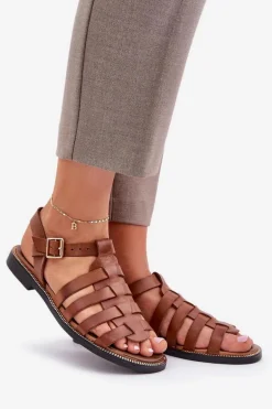 Skórzane Sandały Na Płaskim Obcasie Zazoo 3686 Camel