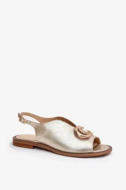 Skórzane Sandały Na Płaskim Obcasie Z Ozdobą Laura Messi 2865 Złote