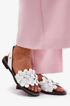 Skórzane Sandały Na Płaskim Obcasie Zazoo 40425 Białe