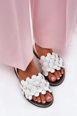 Skórzane Sandały Na Płaskim Obcasie Zazoo 40425 Białe