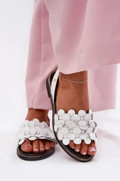 Skórzane Sandały Na Płaskim Obcasie Zazoo 40425 Białe