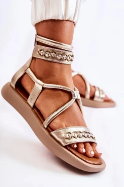 Skórzane Sandały Na Platformie Maciejka 05559-25 Złote