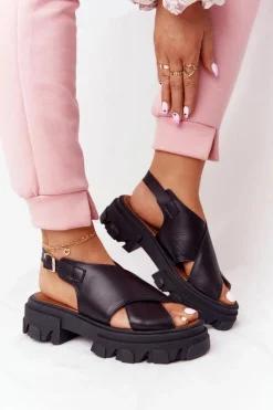 Skórzane Sandały Na Platformie Lewski Shoes 3018-0 Czarne