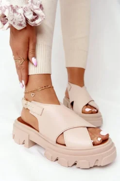 Skórzane Sandały Na Platformie Lewski Shoes 3018-0 Beżowe