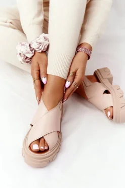 Skórzane Sandały Na Platformie Lewski Shoes 3018-0 Beżowe