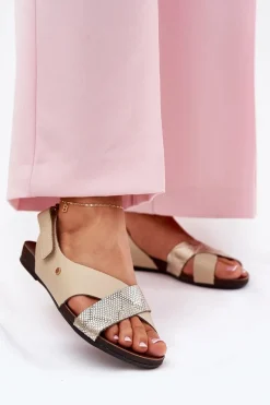 Skórzane Sandały Na Rzep Zazoo 40141 Beżowo-Złote