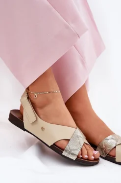 Skórzane Sandały Na Rzep Zazoo 40141 Beżowo-Złote