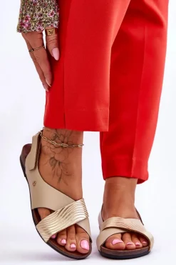 Skórzane Sandały Na Rzep Złoto-Beżowe Lemar Addison