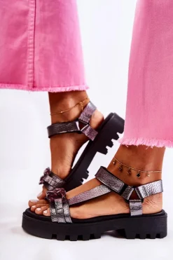 Skórzane Sandały Na Rzepy Maciejka L5009-41 Ciemnosrebrne