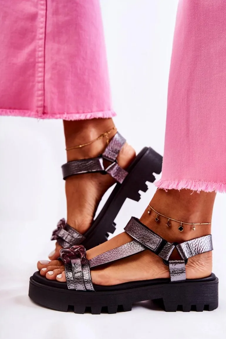 Skórzane Sandały Na Rzepy Maciejka L5009-41 Ciemnosrebrne