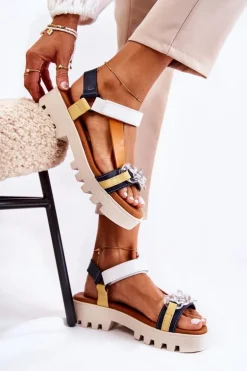 Skórzane Sandały Na Rzepy Maciejka L5009-02 Granatowo-Białe