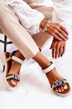 Skórzane Sandały Na Rzepy Maciejka L5009-02 Granatowo-Białe