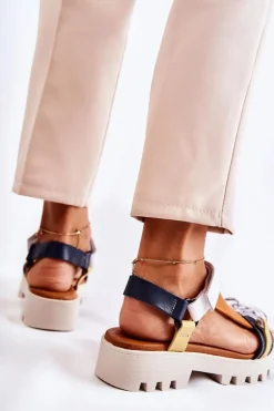 Skórzane Sandały Na Rzepy Maciejka L5009-02 Granatowo-Białe