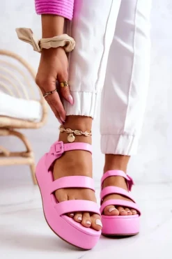 Skórzane Sandały Na Sprzączkę Różowe Graceful