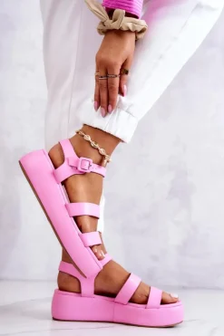 Skórzane Sandały Na Sprzączkę Różowe Graceful