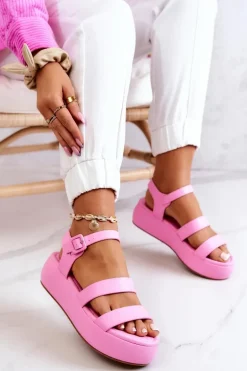 Skórzane Sandały Na Sprzączkę Różowe Graceful