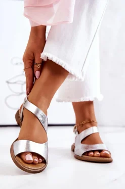 Skórzane Sandały Na Sprzączkę Lewski 3041 Srebrne