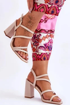 Skórzane Sandały Na Słupku Beżowe Florentina