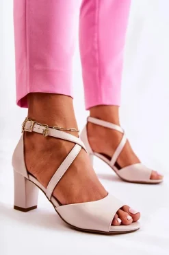 Skórzane Sandały Na Słupku Beżowe Damess