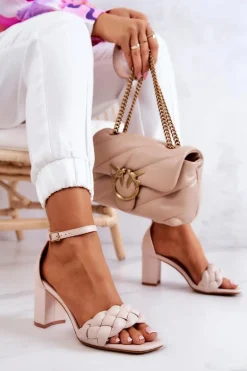 Skórzane Sandały Na Słupku Beżowe Lorelei